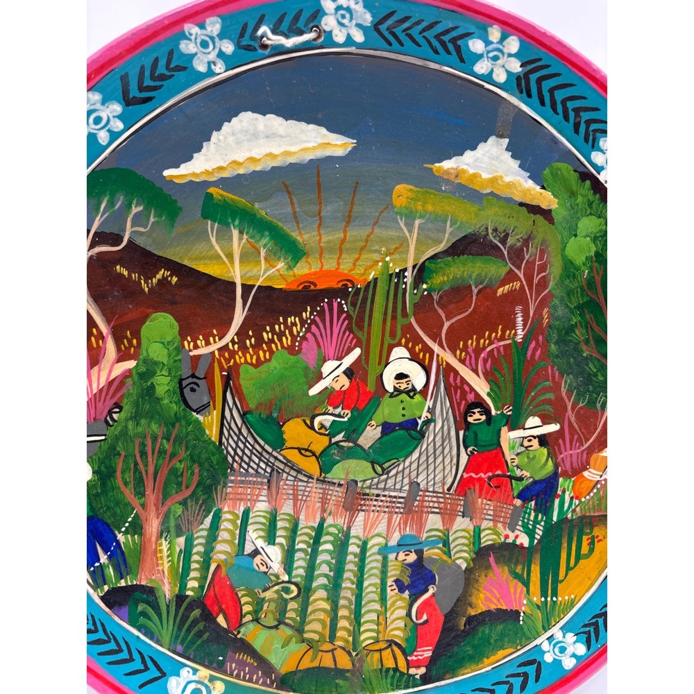 Vintage Mexican Folk Art Hand Painted Clay Plate Harvest Scene Wall Decor 12in - Picture 2 of 4